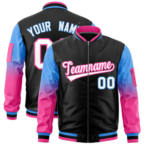 Custom Black Powder Blue-Pink Gaglan Sleeve Gradient Varsity Full-Zip Letterman Bomber Jacket