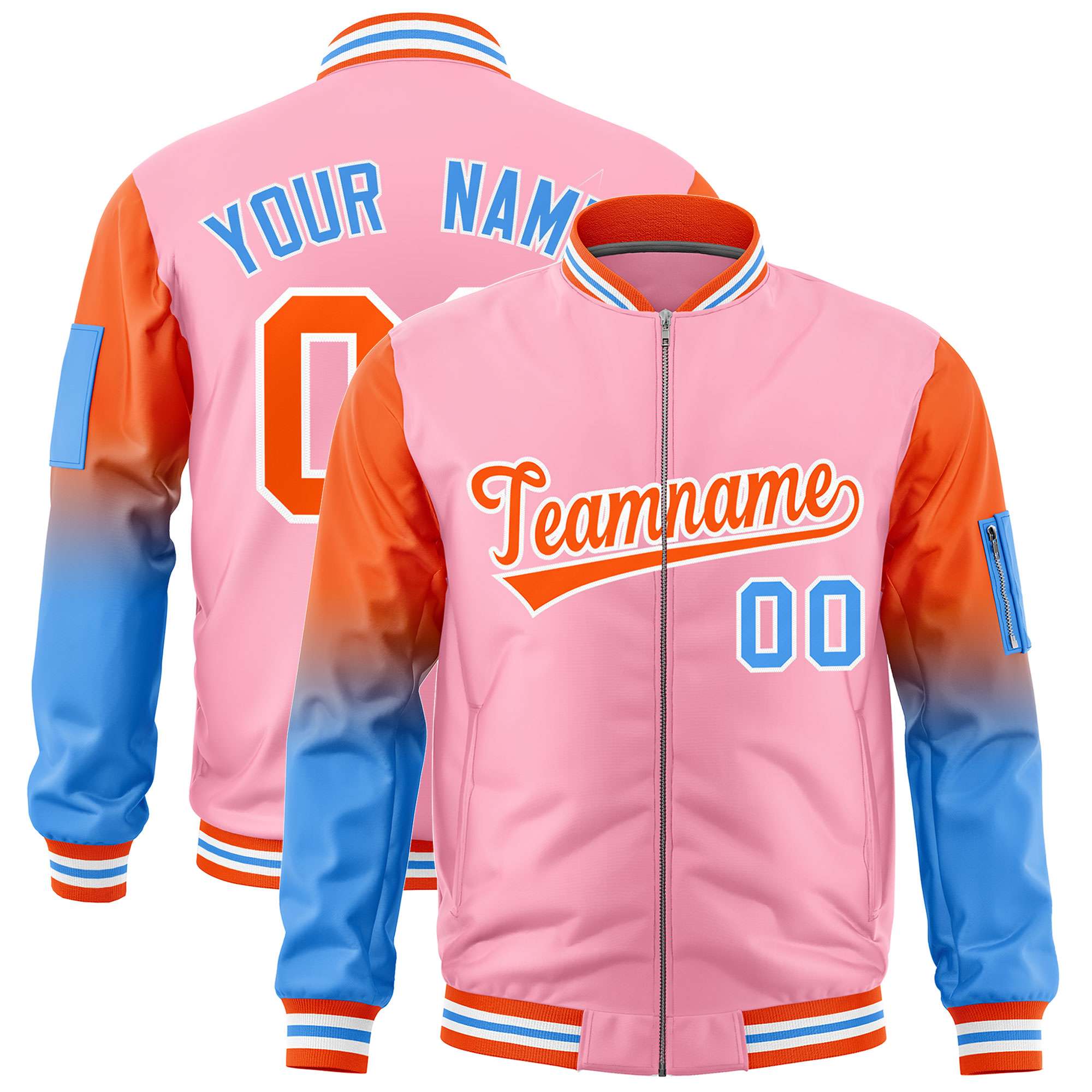 Custom Light Pink Orange-Powder Blue Gaglan Sleeve Gradient Varsity Full-Zip Letterman Bomber Jacket