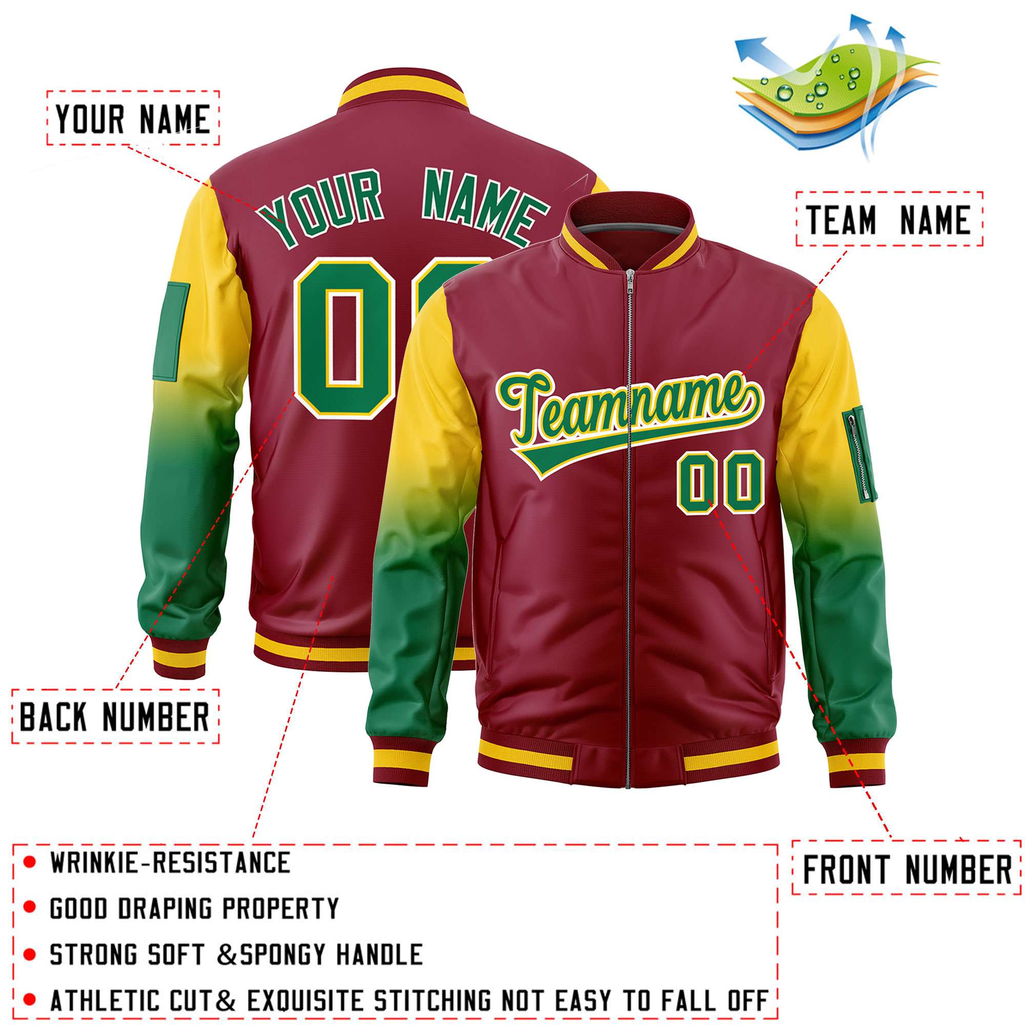 Custom Crimson Gold-Kelly Green Gaglan Sleeve Gradient Varsity Full-Zip Letterman Bomber Jacket