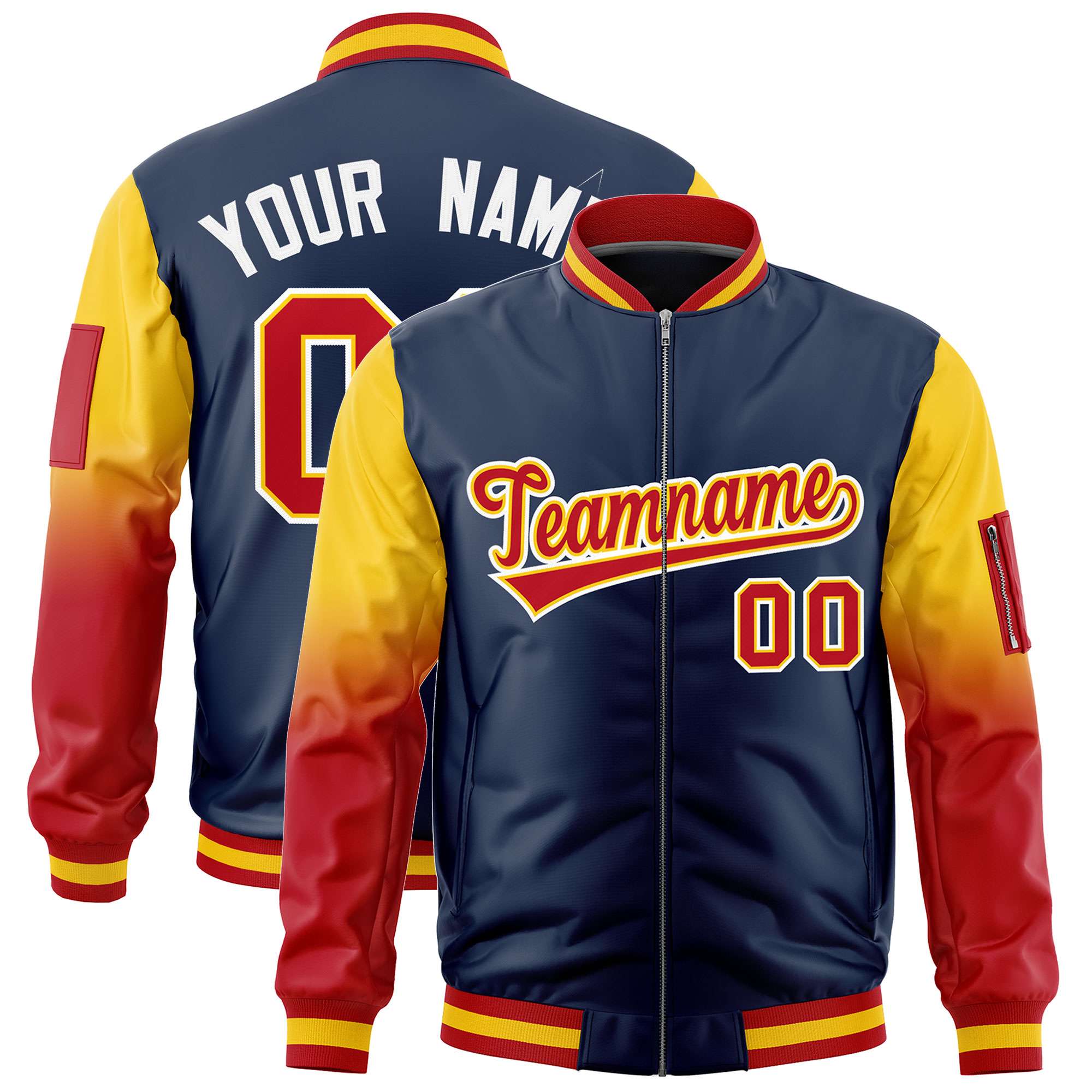 Custom Navy Gold-Red Gaglan Sleeve Gradient Varsity Full-Zip Letterman Bomber Jacket