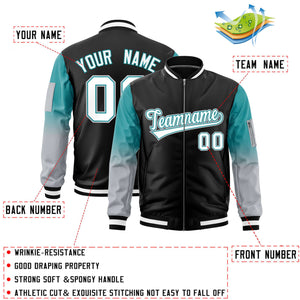 Custom Black Aqua-Silver Gaglan Sleeve Gradient Varsity Full-Zip Letterman Bomber Jacket