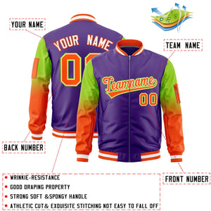 Custom Purple Neon Green-Orange Gaglan Sleeve Gradient Varsity Full-Zip Letterman Bomber Jacket