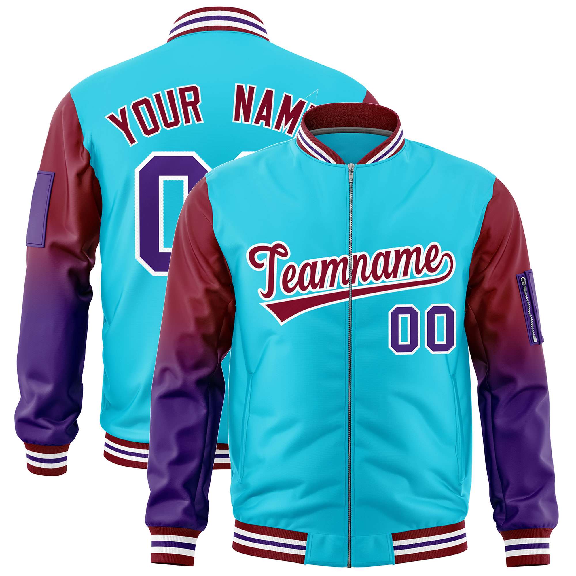 Custom Sky Blue Crimson-Purple Gaglan Sleeve Gradient Varsity Full-Zip Letterman Bomber Jacket