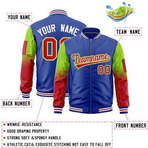 Custom Royal Neon Green-Red Gaglan Sleeve Gradient Varsity Full-Zip Letterman Bomber Jacket