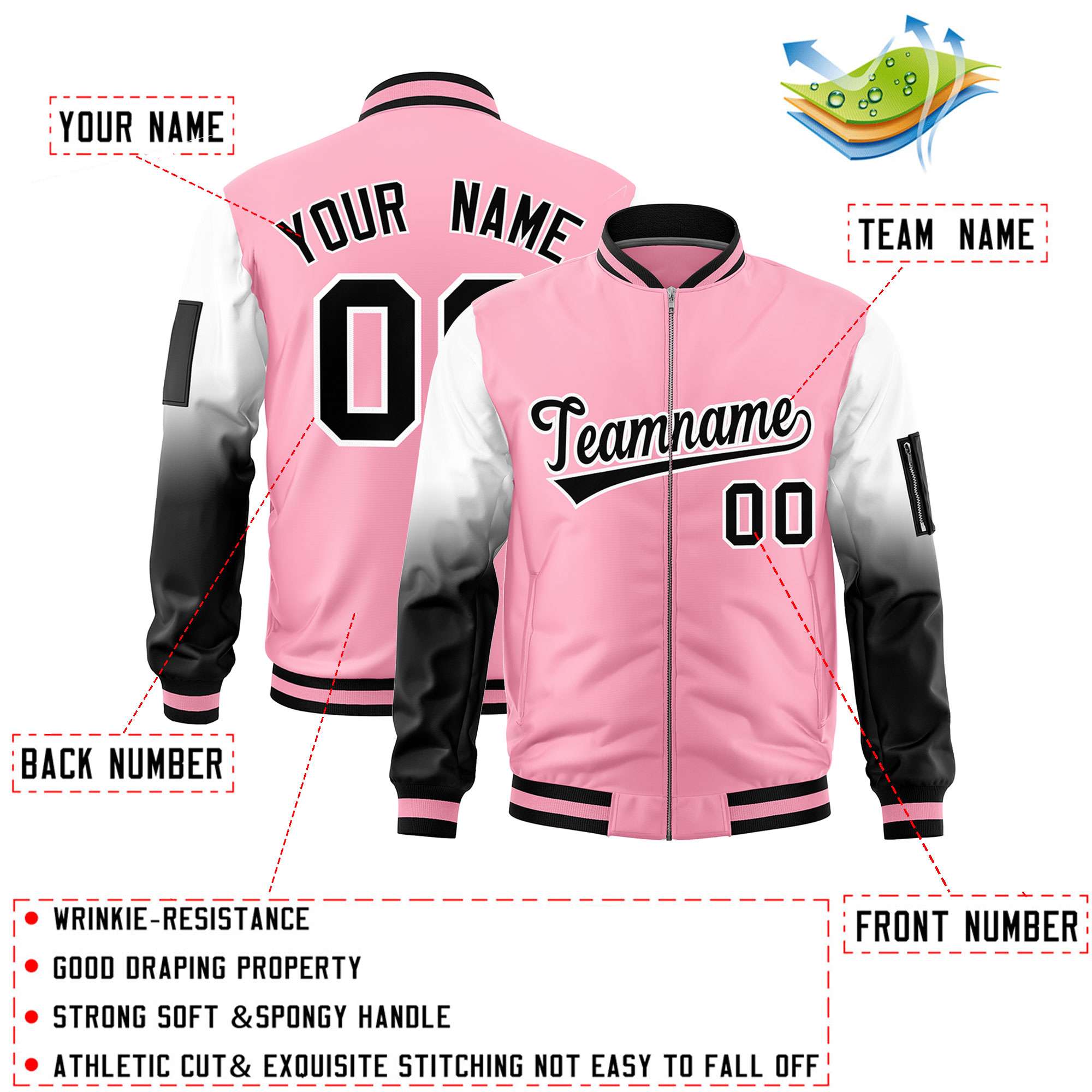 Custom Light Pink White-Black Gaglan Sleeve Gradient Varsity Full-Zip Letterman Bomber Jacket