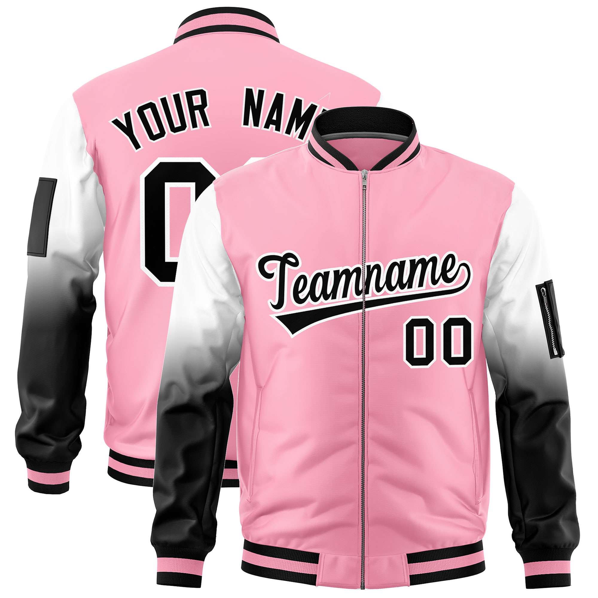 Custom Light Pink White-Black Gaglan Sleeve Gradient Varsity Full-Zip Letterman Bomber Jacket