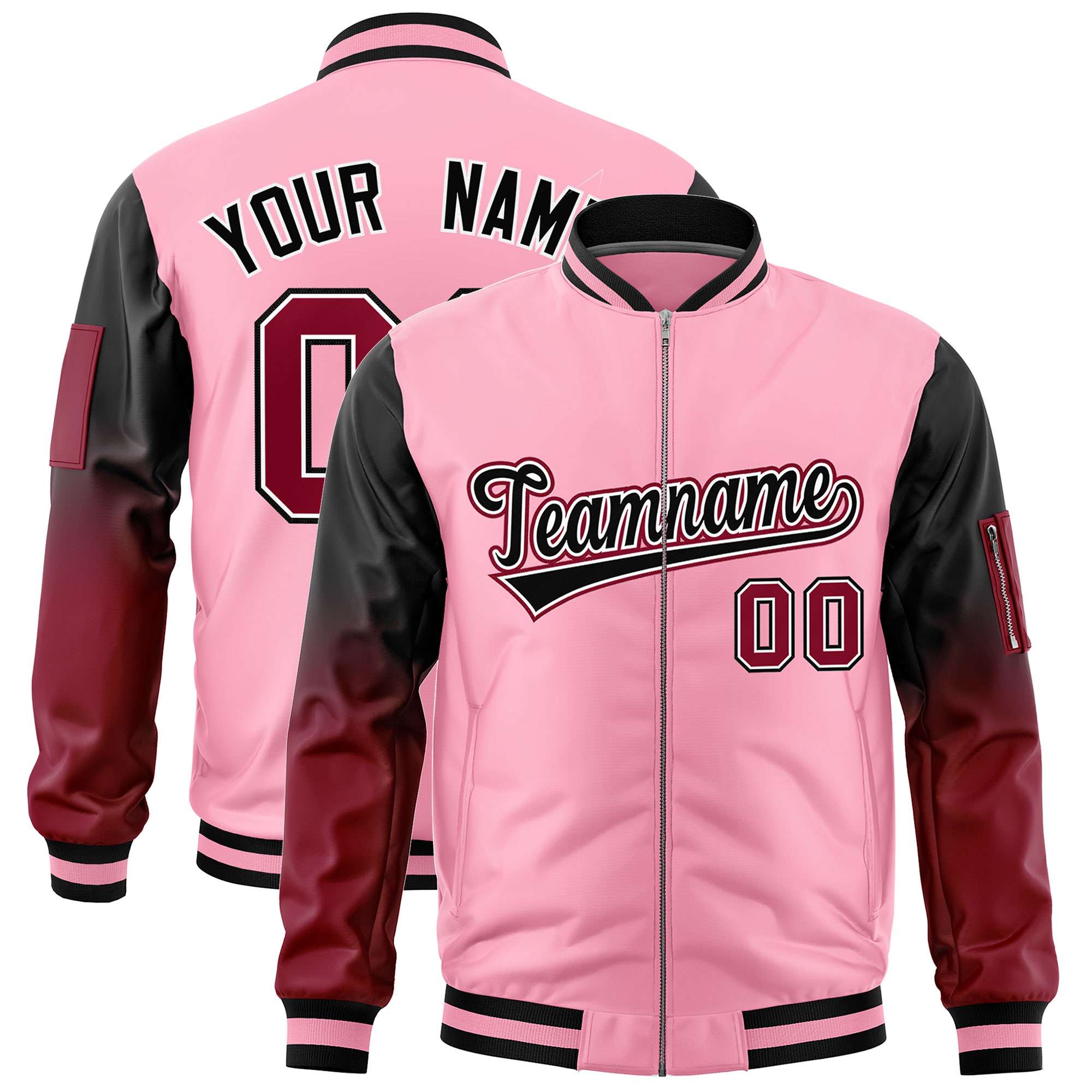 Custom Light Pink Black-Crimson Gaglan Sleeve Gradient Varsity Full-Zip Letterman Bomber Jacket