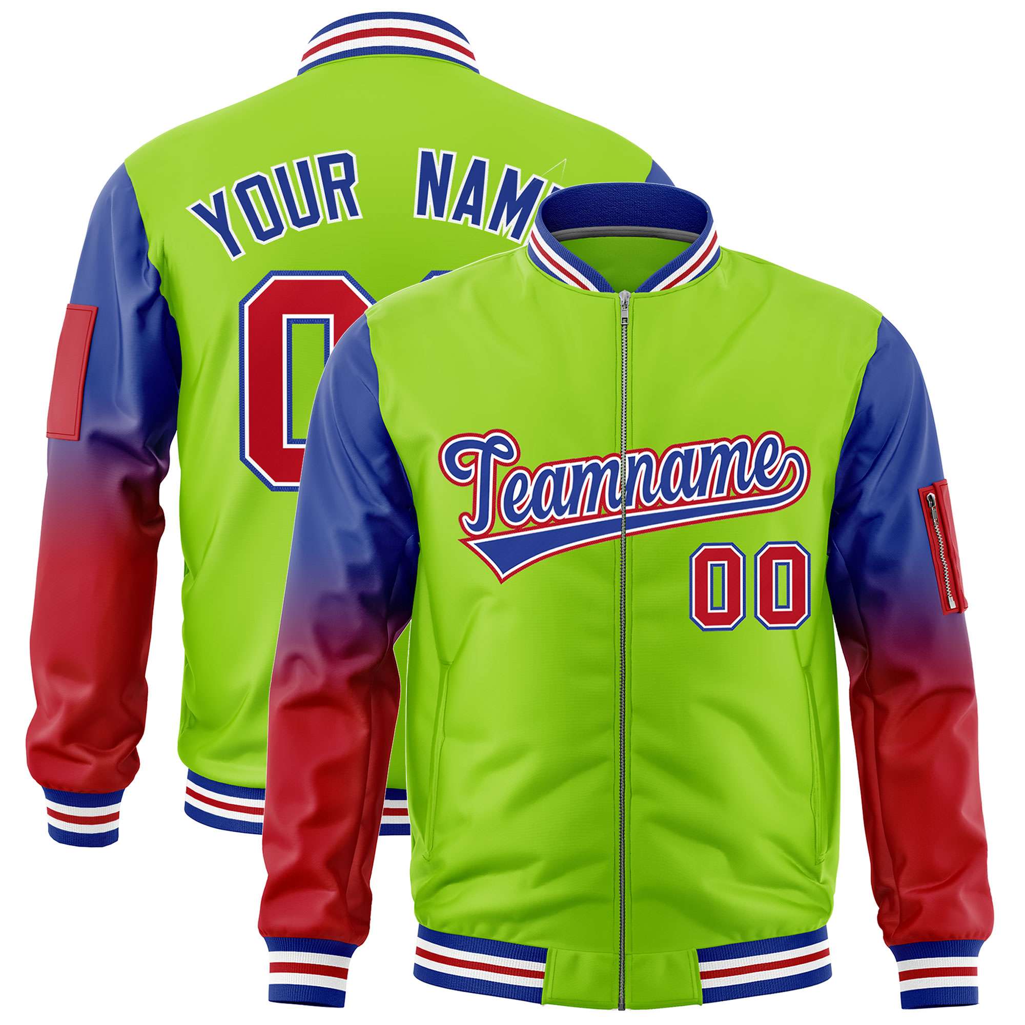 Custom Neon Green Royal-Red Gaglan Sleeve Gradient Varsity Full-Zip Letterman Bomber Jacket