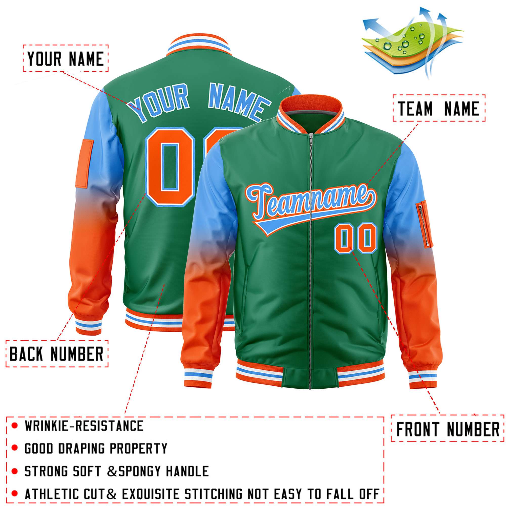 Custom Kelly Green Powder Blue-Orange Gaglan Sleeve Gradient Varsity Full-Zip Letterman Bomber Jacket