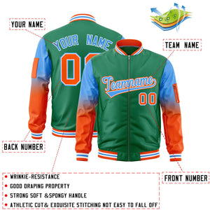 Custom Kelly Green Powder Blue-Orange Gaglan Sleeve Gradient Varsity Full-Zip Letterman Bomber Jacket