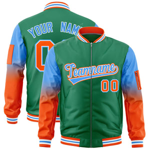 Custom Kelly Green Powder Blue-Orange Gaglan Sleeve Gradient Varsity Full-Zip Letterman Bomber Jacket