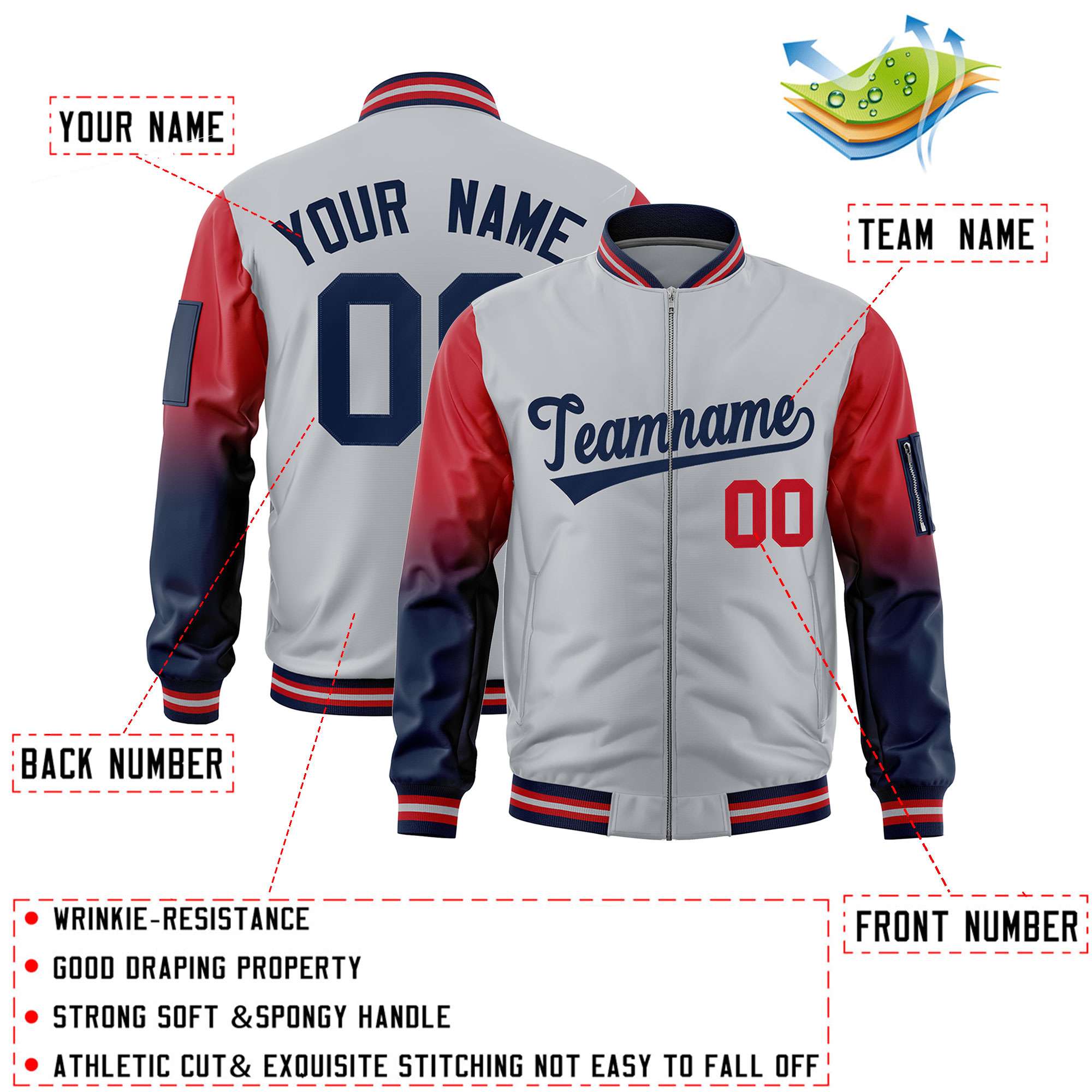 Custom Silver Red-Navy Gaglan Sleeve Gradient Varsity Full-Zip Letterman Bomber Jacket