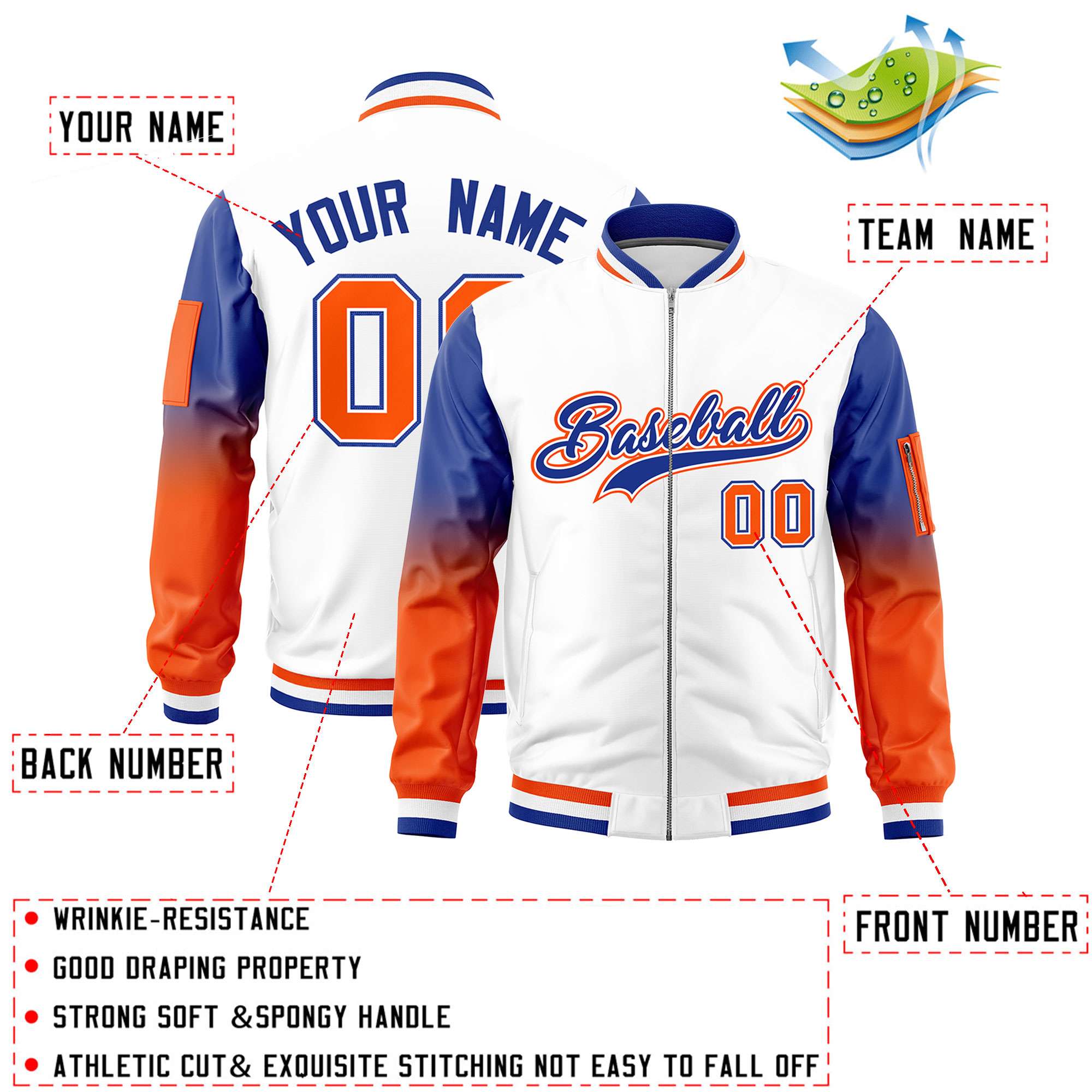 Custom White Royal-Orange Gaglan Sleeve Gradient Varsity Full-Zip Letterman Bomber Jacket