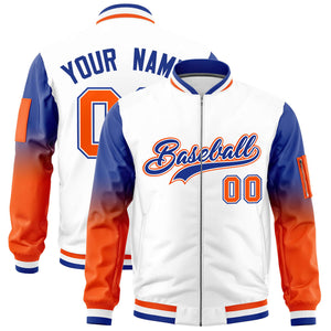 Custom White Royal-Orange Gaglan Sleeve Gradient Varsity Full-Zip Letterman Bomber Jacket