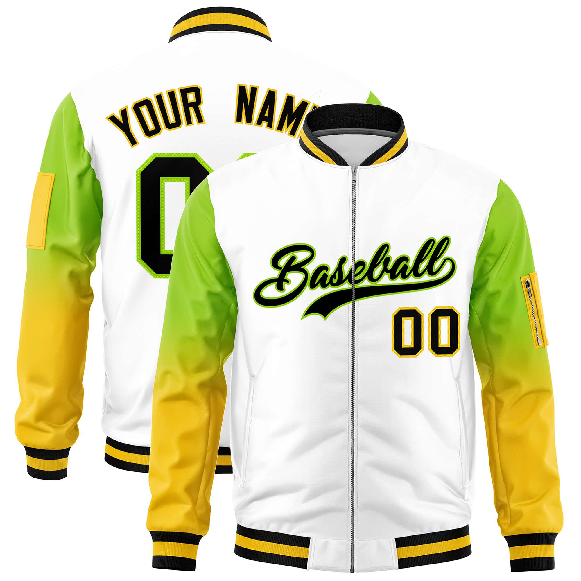 Custom White Neon Green-Gold Gaglan Sleeve Gradient Varsity Full-Zip Letterman Bomber Jacket