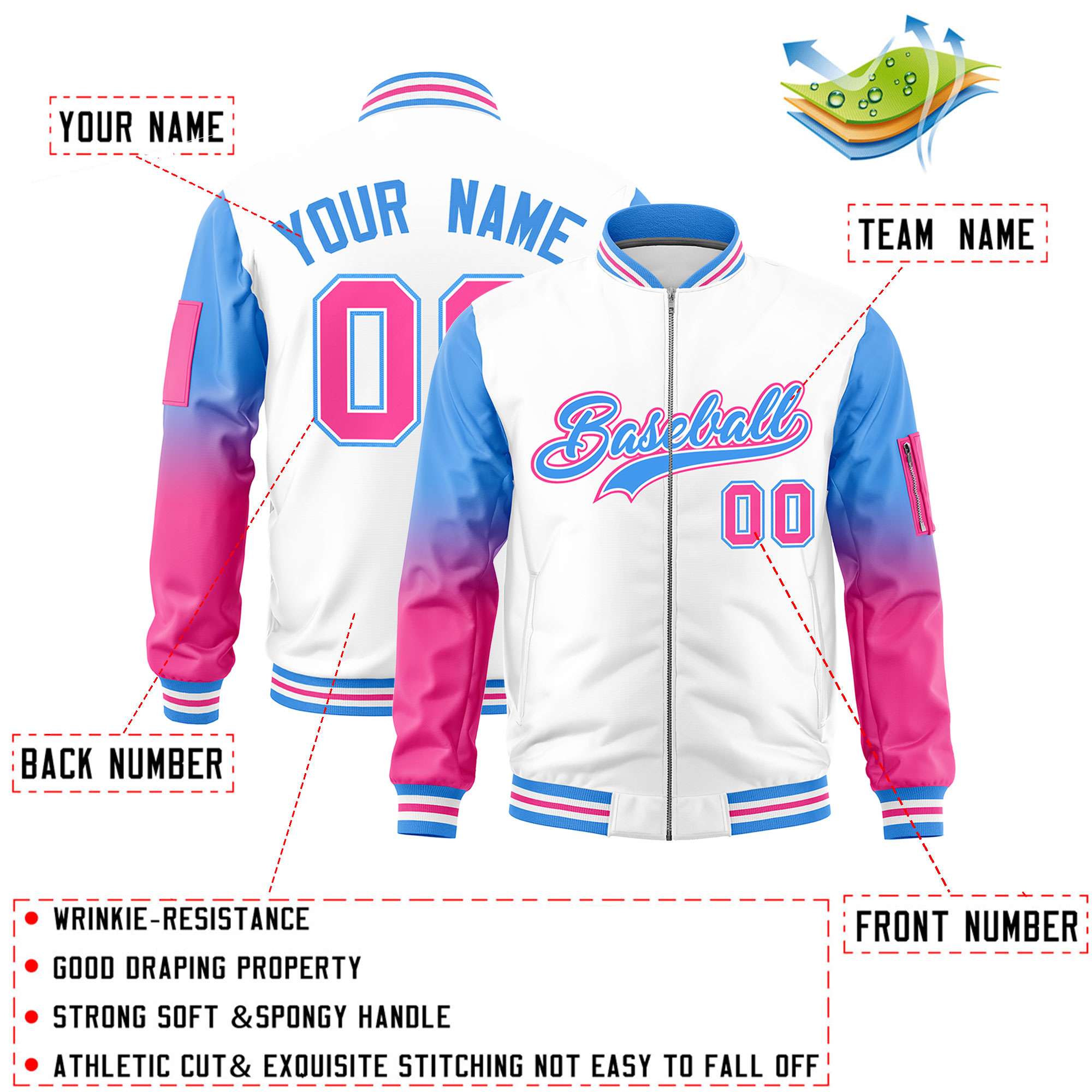 Custom White Powder Blue-Pink Gaglan Sleeve Gradient Varsity Full-Zip Letterman Bomber Jacket