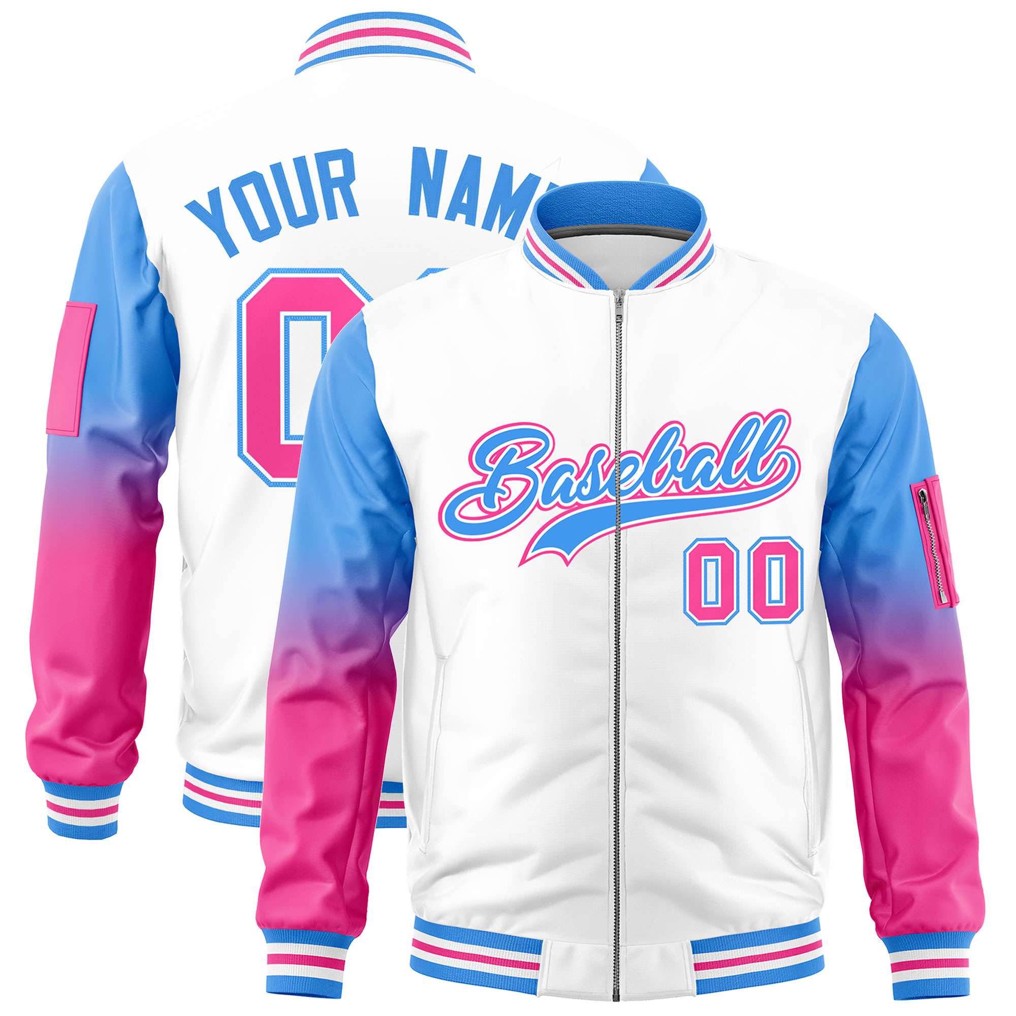 Custom White Powder Blue-Pink Gaglan Sleeve Gradient Varsity Full-Zip Letterman Bomber Jacket