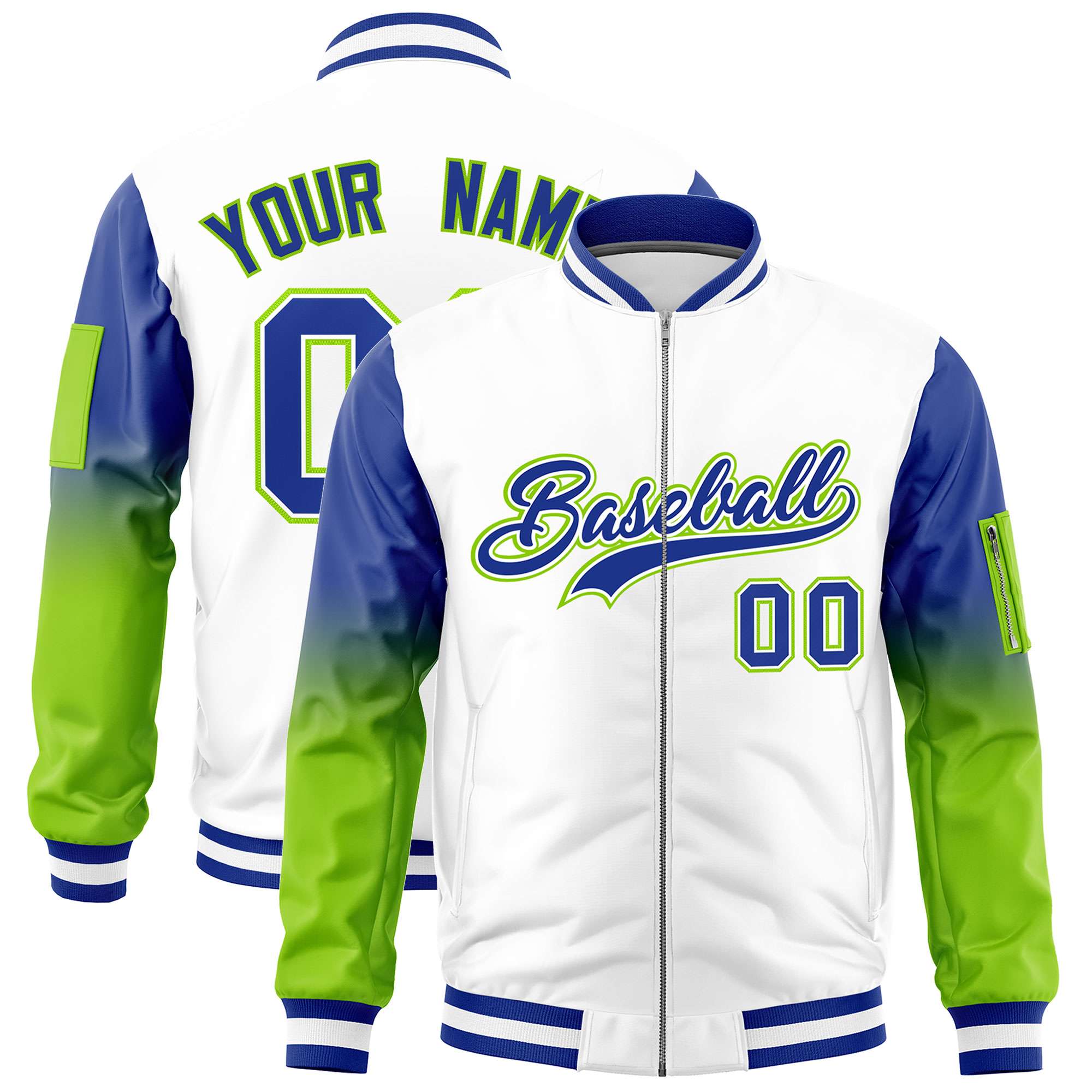 Custom White Royal-Neon Green Gaglan Sleeve Gradient Varsity Full-Zip Letterman Bomber Jacket