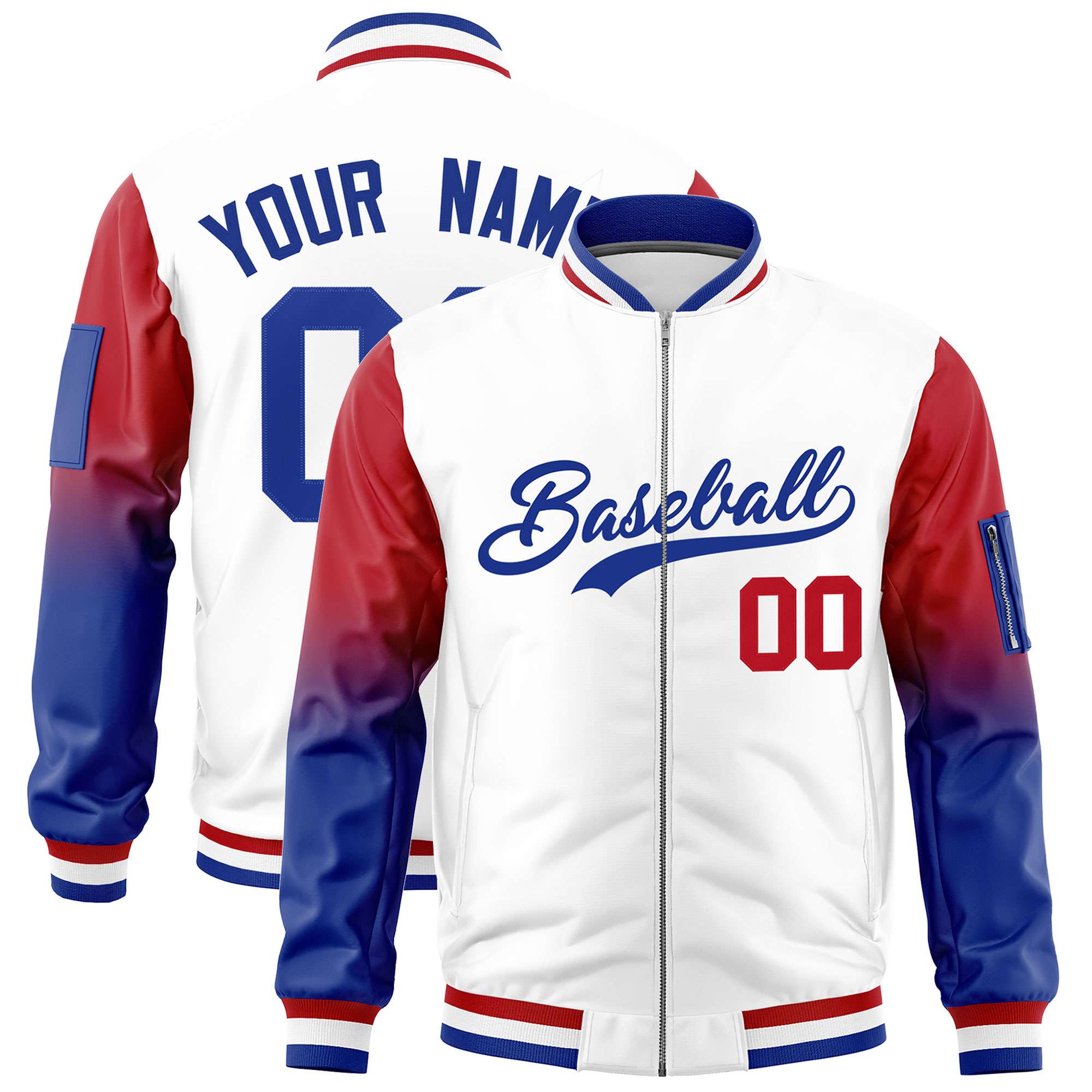 Custom White Red-Royal Gaglan Sleeve Gradient Varsity Full-Zip Letterman Bomber Jacket