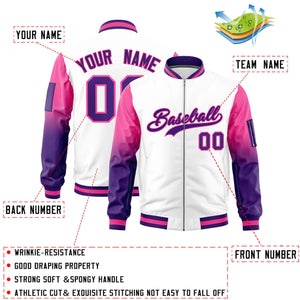 Custom White Pink-Purple Gaglan Sleeve Gradient Varsity Full-Zip Letterman Bomber Jacket