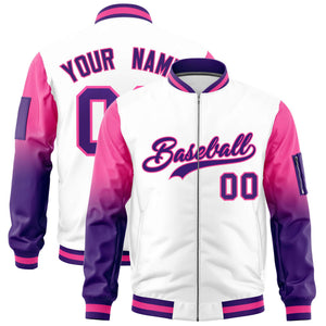 Custom White Pink-Purple Gaglan Sleeve Gradient Varsity Full-Zip Letterman Bomber Jacket