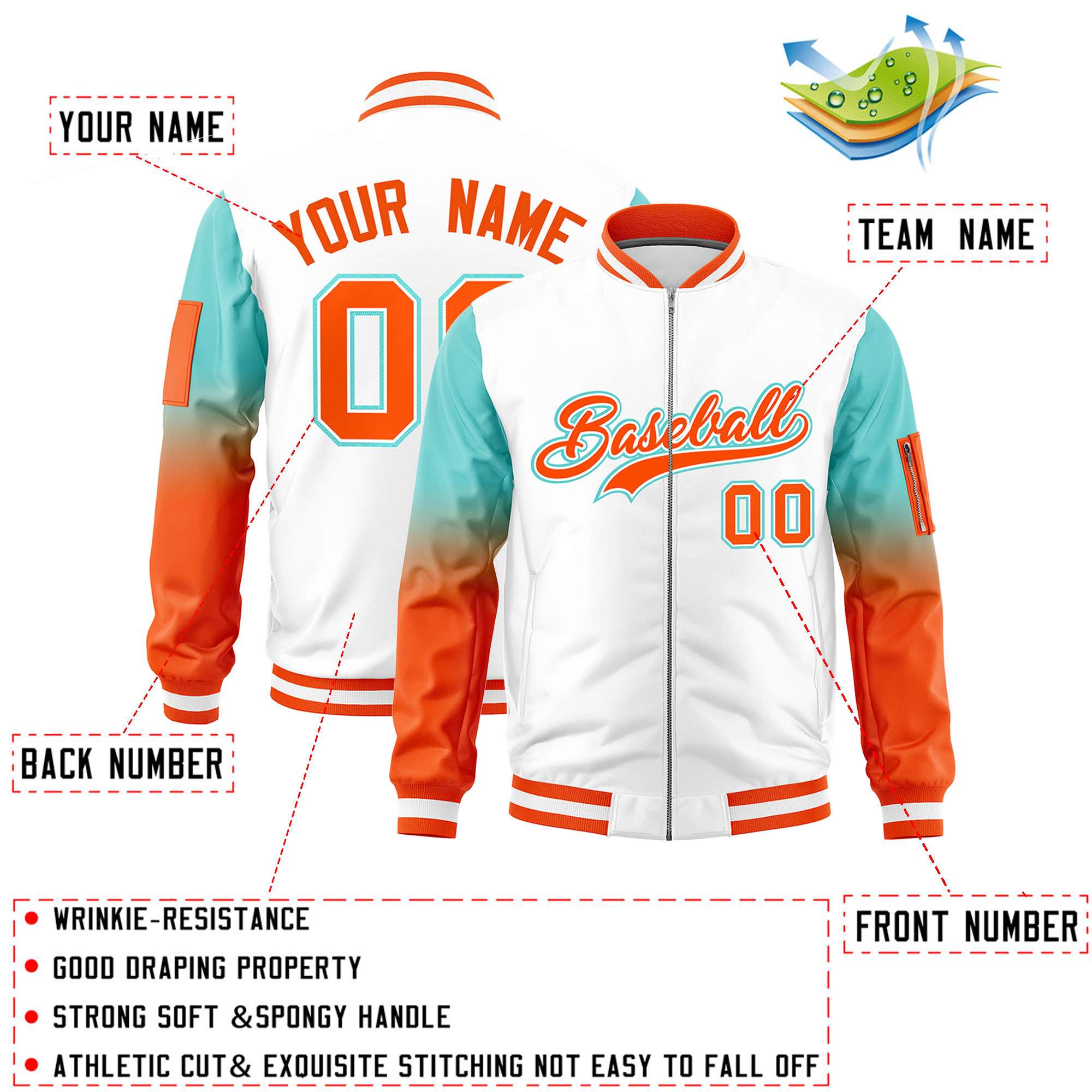 Custom White Bright Green-Orange Gaglan Sleeve Gradient Varsity Full-Zip Letterman Bomber Jacket