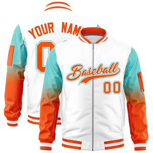 Custom White Bright Green-Orange Gaglan Sleeve Gradient Varsity Full-Zip Letterman Bomber Jacket