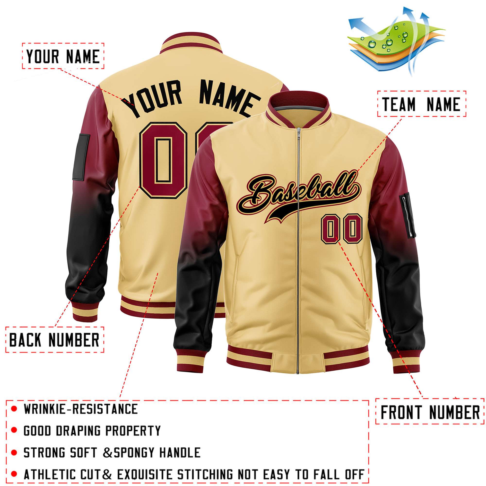 Custom Khaki Crimson-Black Gaglan Sleeve Gradient Varsity Full-Zip Letterman Bomber Jacket