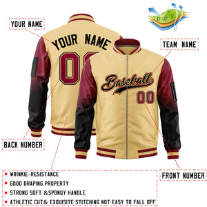 Custom Khaki Crimson-Black Gaglan Sleeve Gradient Varsity Full-Zip Letterman Bomber Jacket