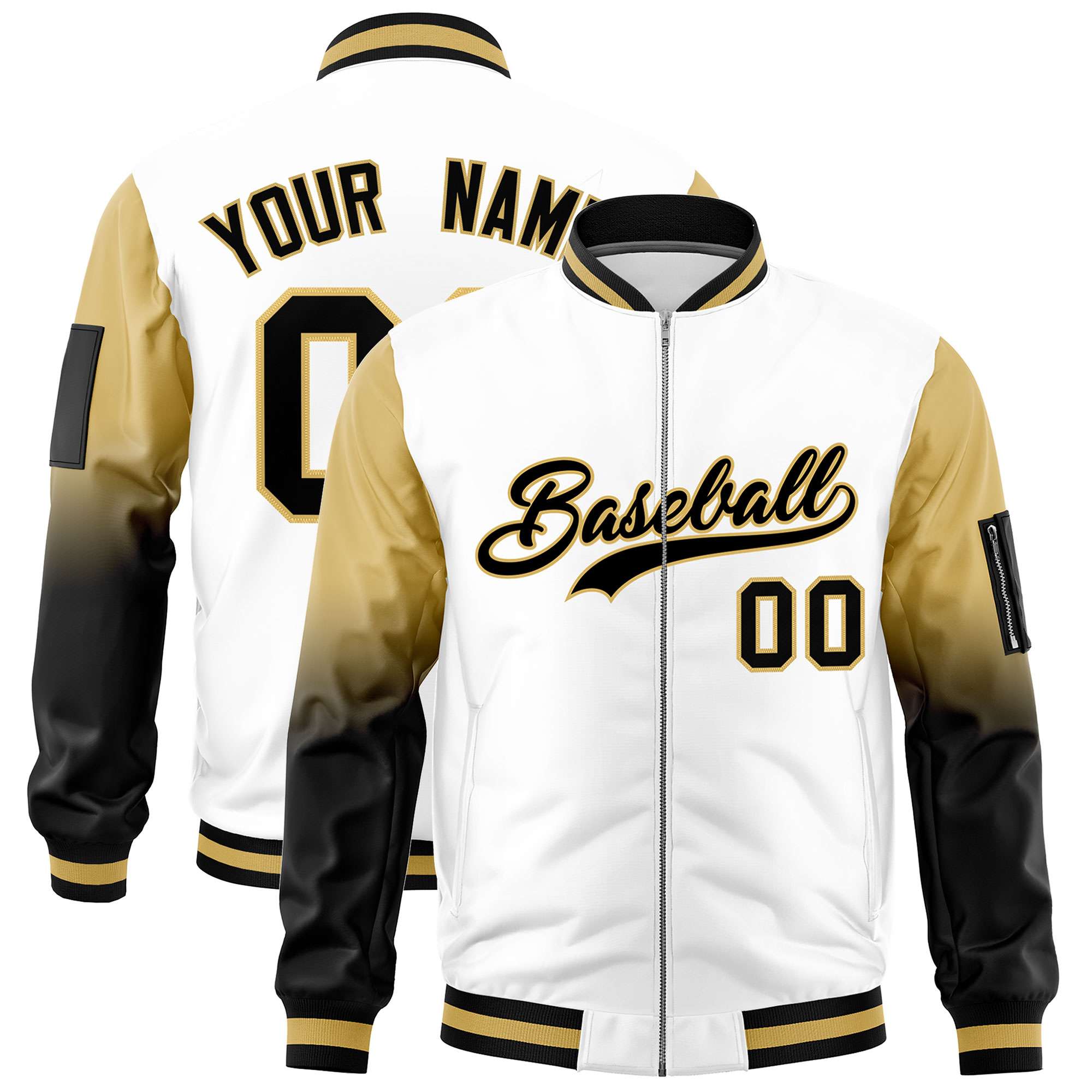 Custom White Old Gold-Black Gaglan Sleeve Gradient Varsity Full-Zip Letterman Bomber Jacket