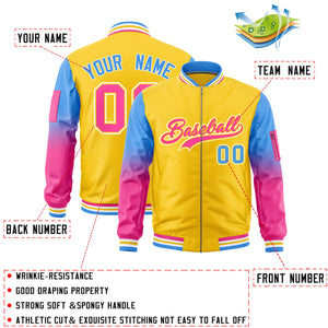 Custom Gold Powder Blue-Pink Gaglan Sleeve Gradient Varsity Full-Zip Letterman Bomber Jacket