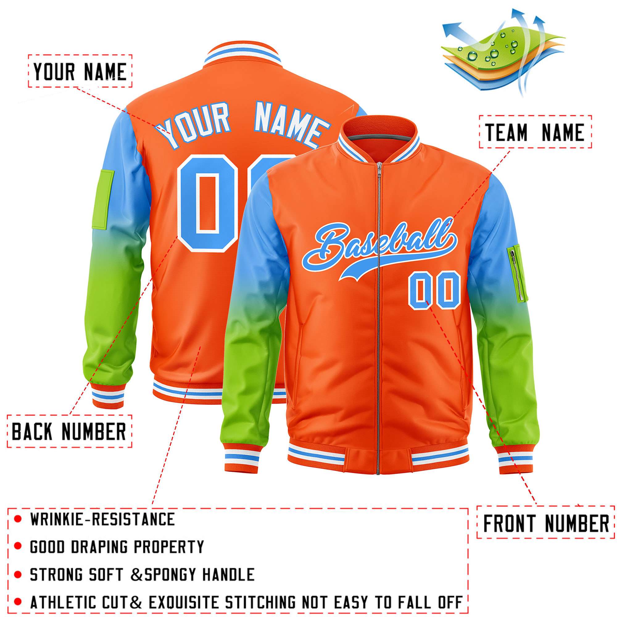 Custom Orange Powder Blue-Neon Green Gaglan Sleeve Gradient Varsity Full-Zip Letterman Bomber Jacket