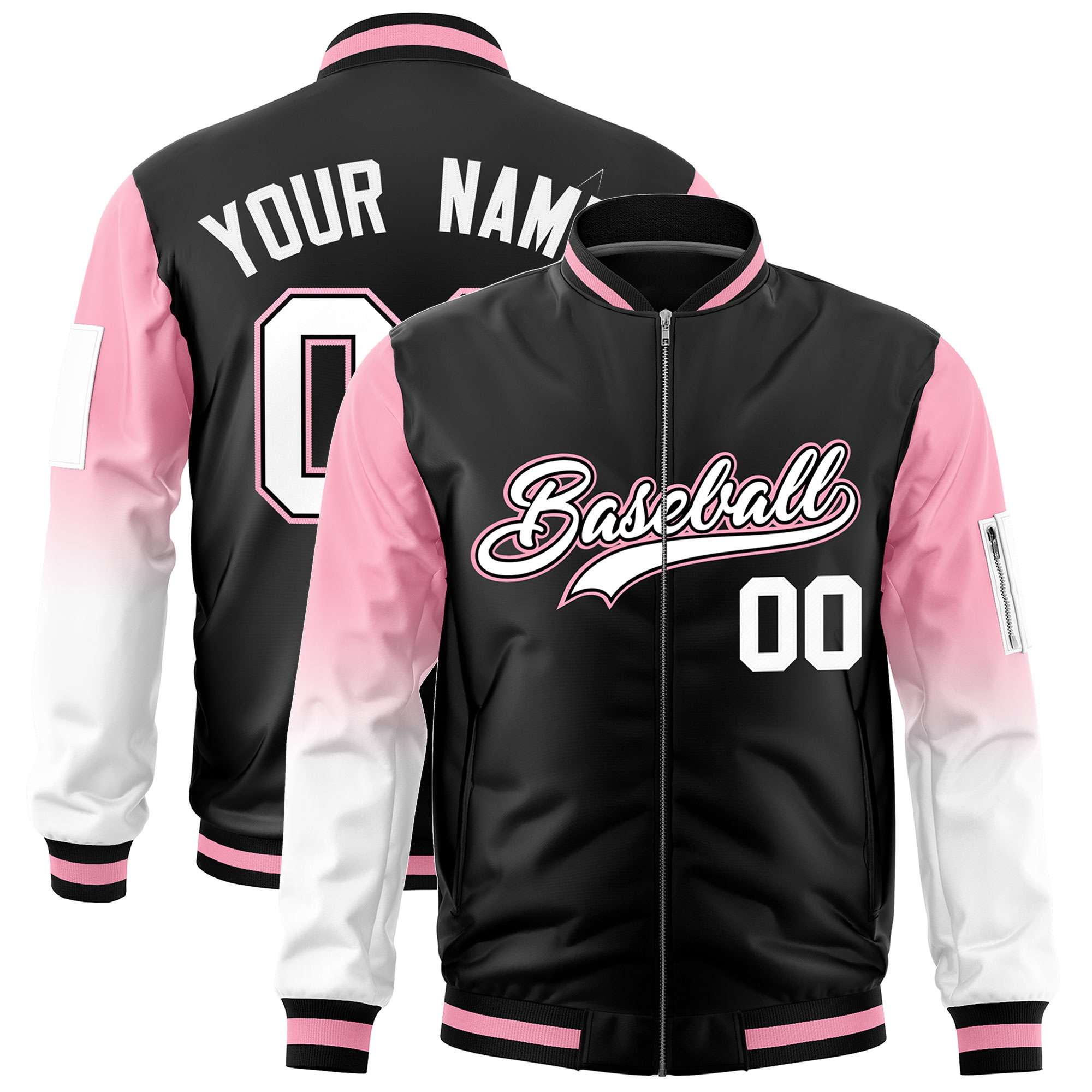 Custom Black Light Pink-White Gaglan Sleeve Gradient Varsity Full-Zip Letterman Bomber Jacket