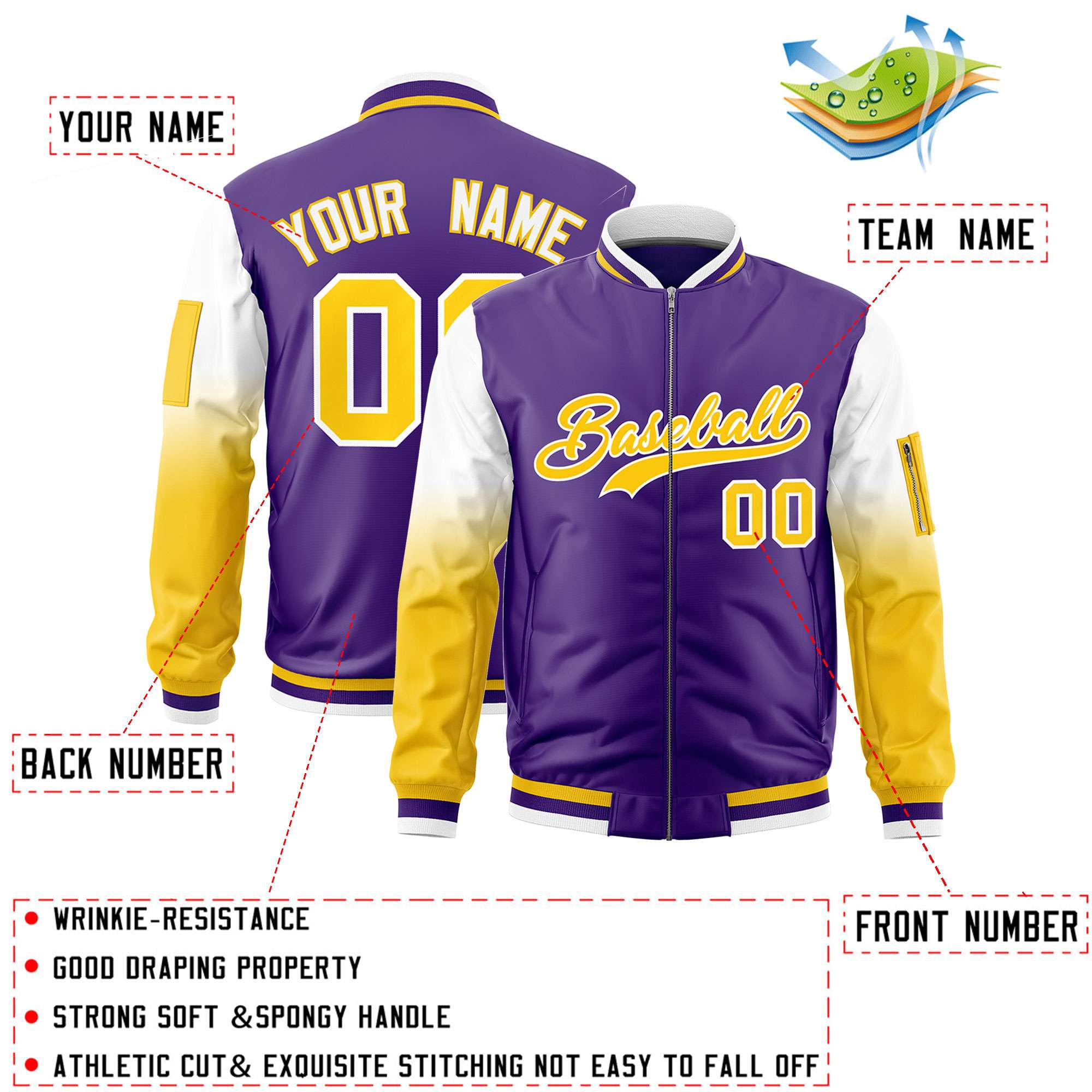 Custom Purple White-Gold Gaglan Sleeve Gradient Varsity Full-Zip Letterman Bomber Jacket