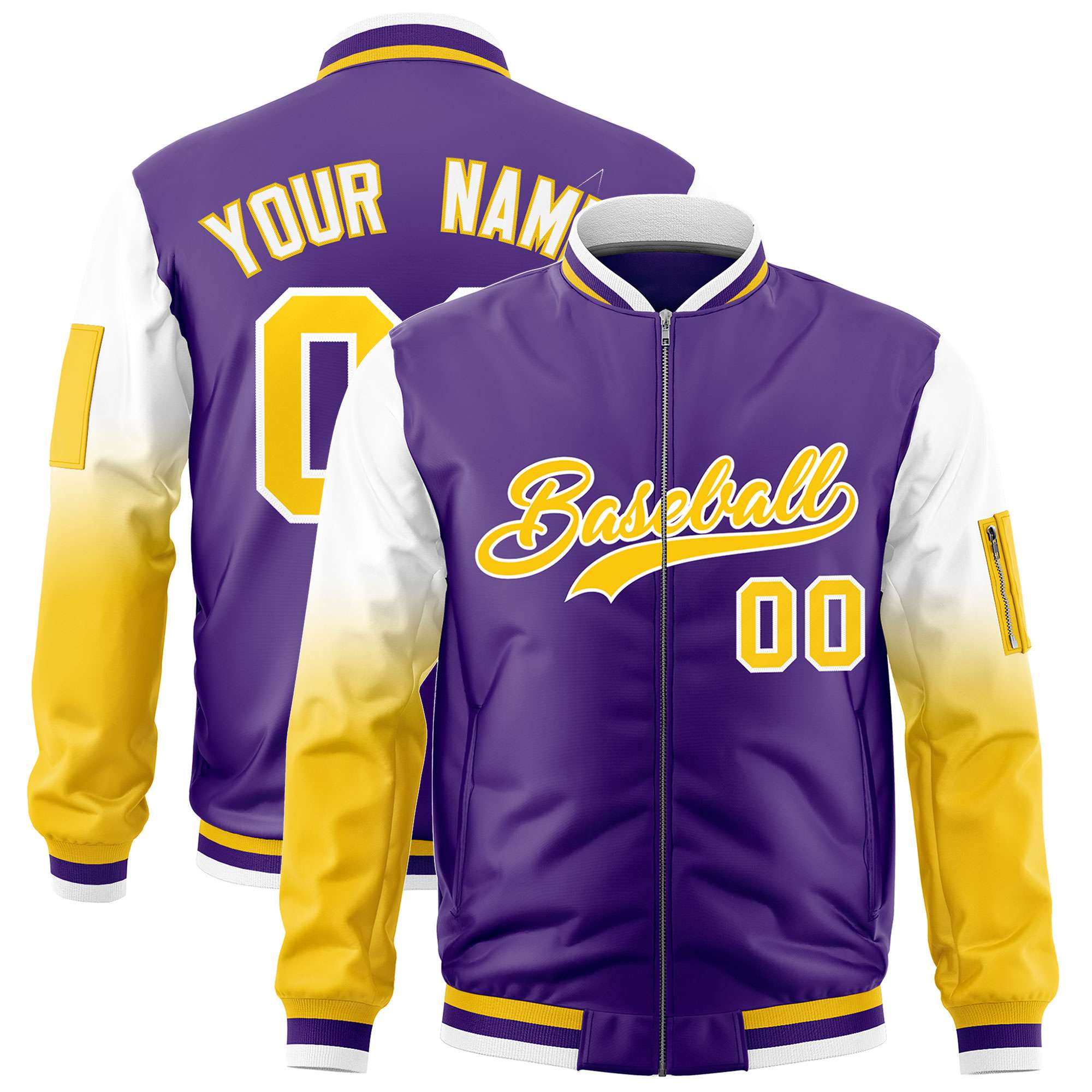 Custom Purple White-Gold Gaglan Sleeve Gradient Varsity Full-Zip Letterman Bomber Jacket