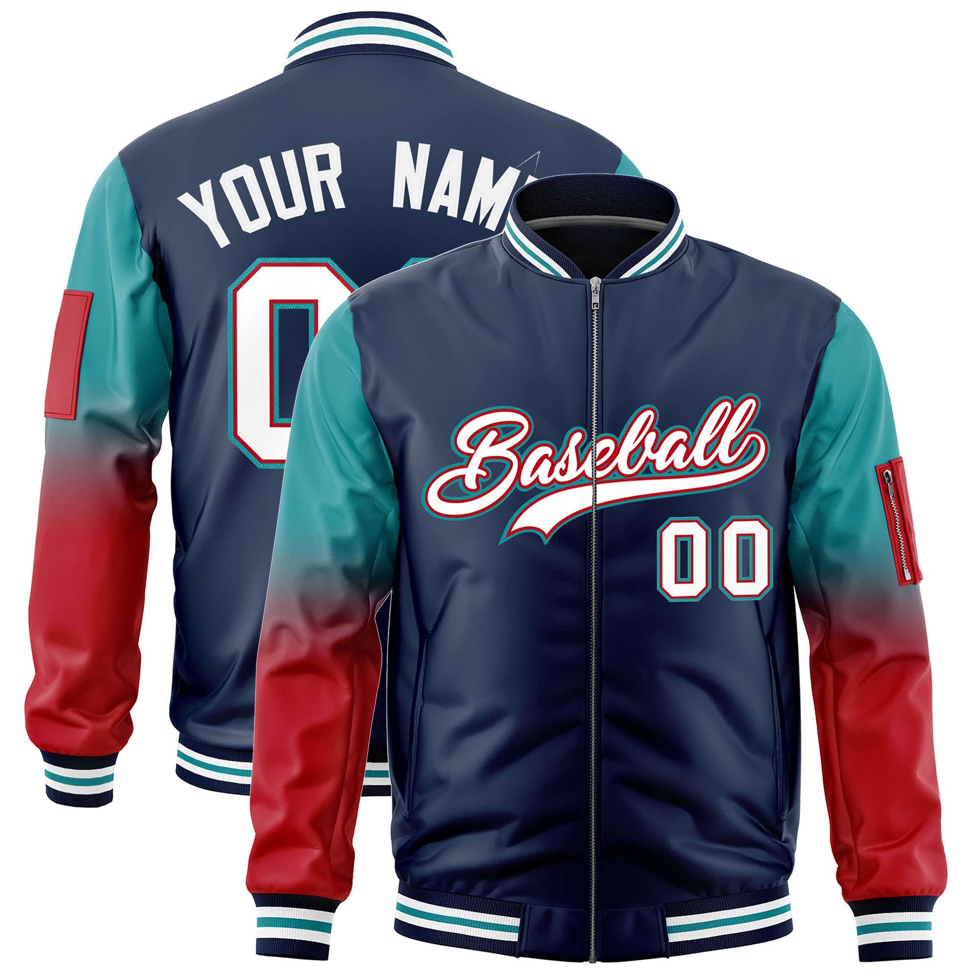 Custom Navy Aqua-Red Gaglan Sleeve Gradient Varsity Full-Zip Letterman Bomber Jacket