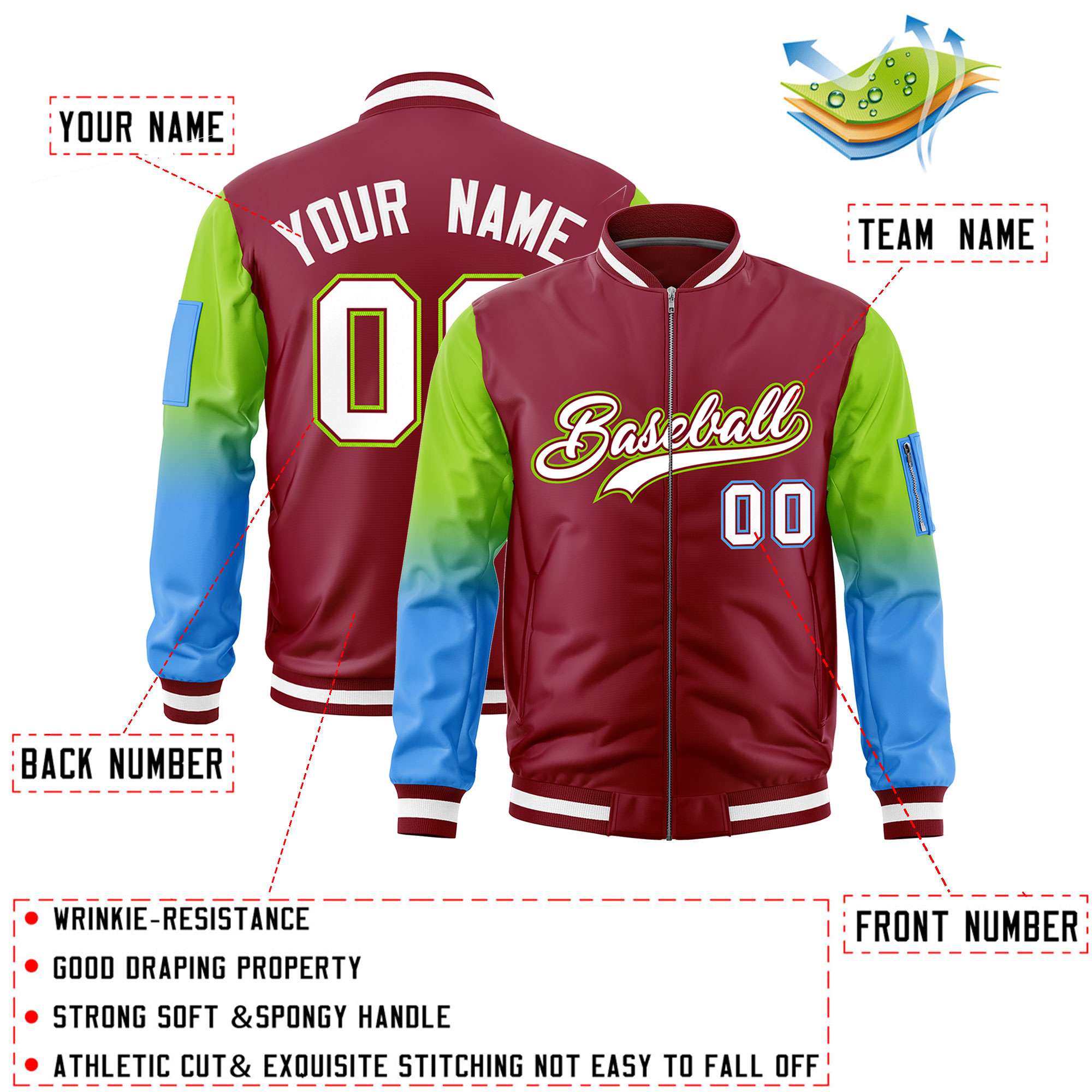 Custom Crimson Neon Green-Powder Blue Gaglan Sleeve Gradient Varsity Full-Zip Letterman Bomber Jacket