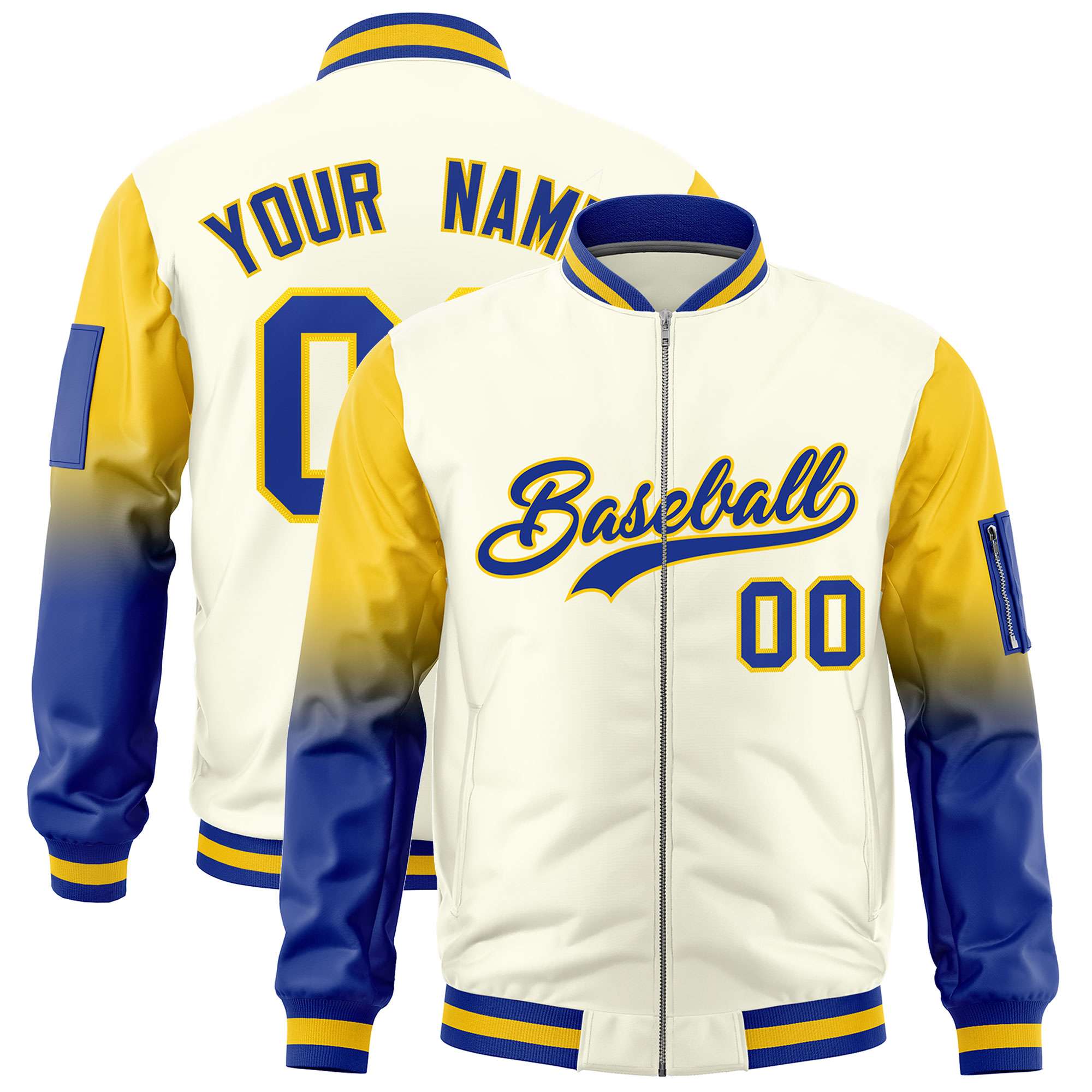 Custom Cream Gold-Royal Gaglan Sleeve Gradient Varsity Full-Zip Letterman Bomber Jacket