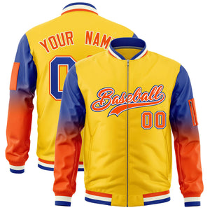 Custom Gold Royal-Orange Gaglan Sleeve Gradient Varsity Full-Zip Letterman Bomber Jacket