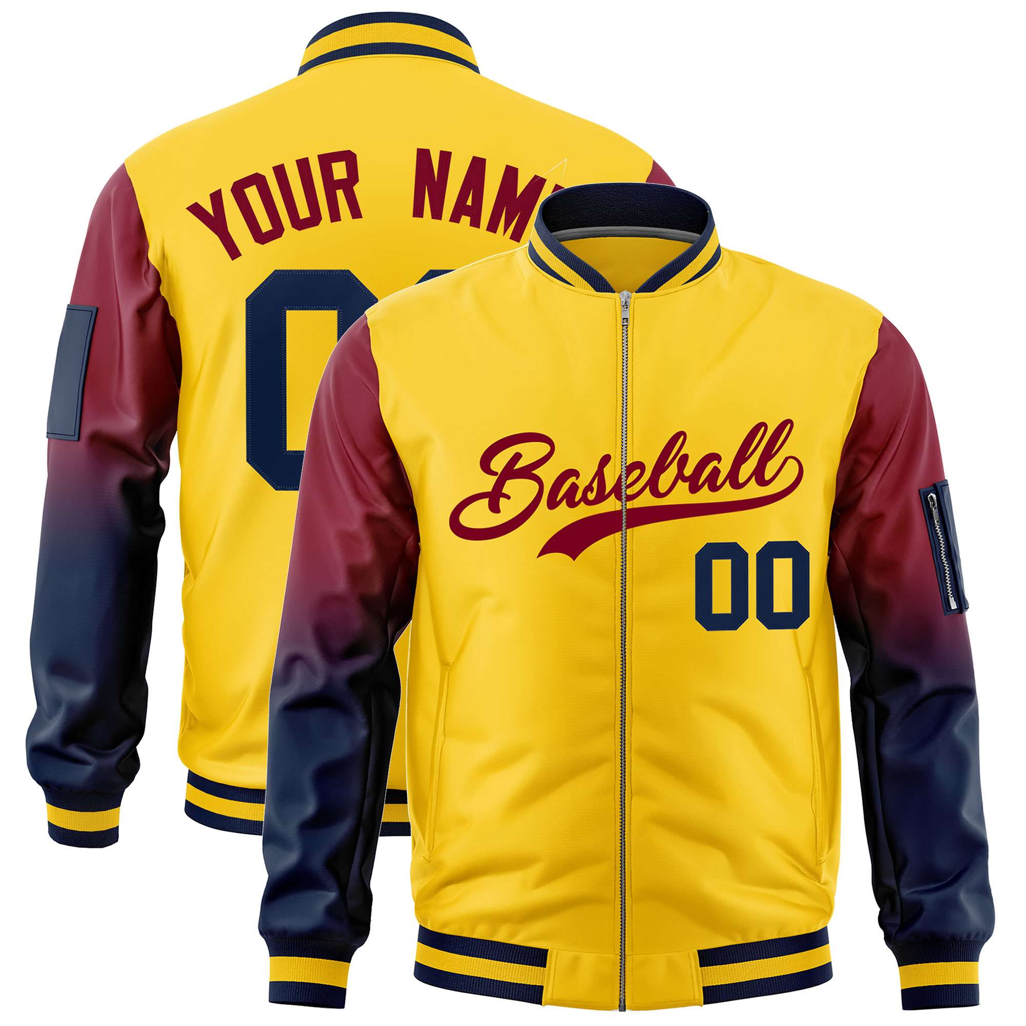 Custom Gold Crimson-Navy Gaglan Sleeve Gradient Varsity Full-Zip Letterman Bomber Jacket