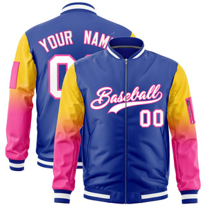 Custom Royal Gold-Pink Gaglan Sleeve Gradient Varsity Full-Zip Letterman Bomber Jacket