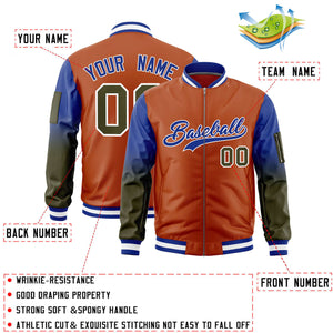 Custom Texas Orange Royal-Olive Gaglan Sleeve Gradient Varsity Full-Zip Letterman Bomber Jacket