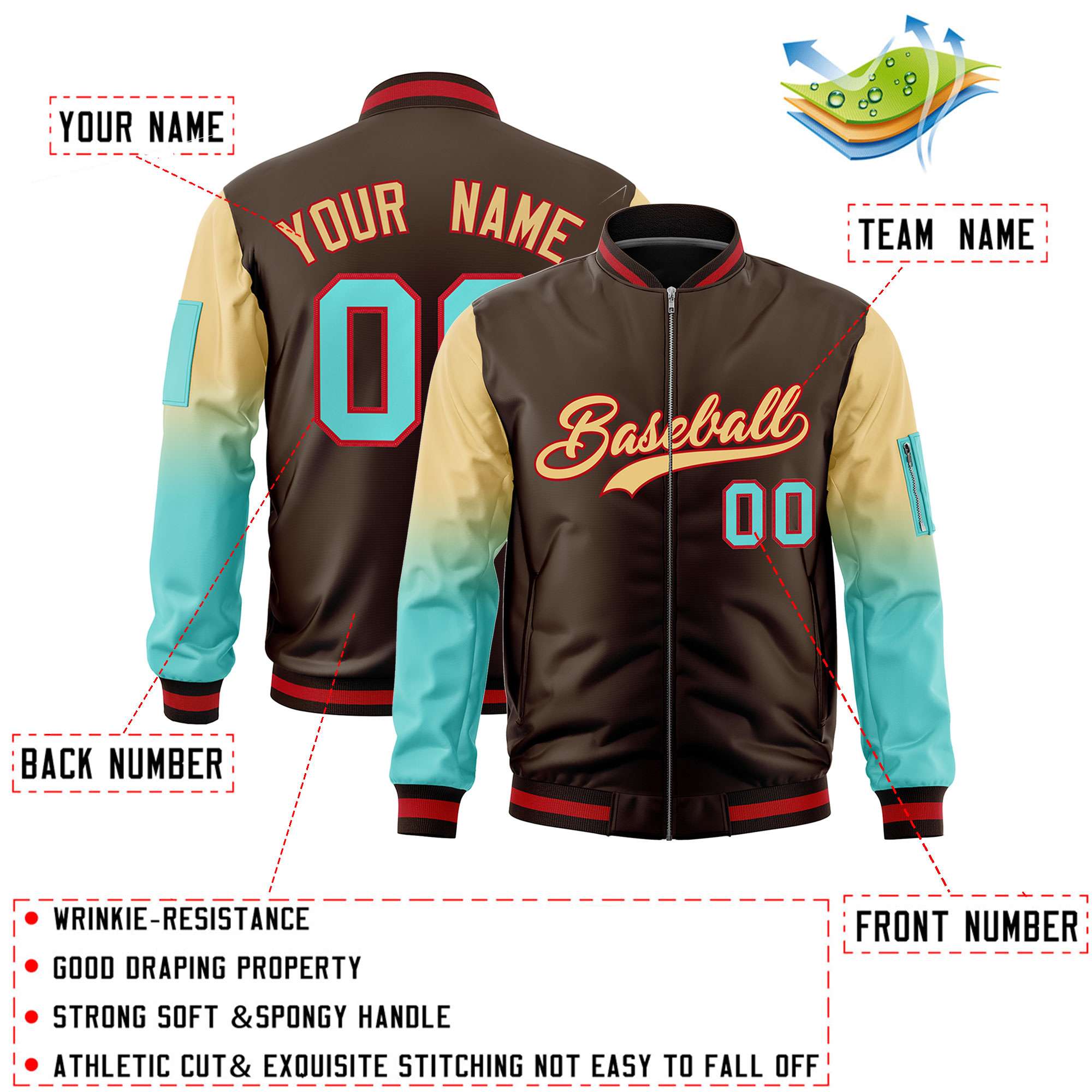 Custom Brown Khaki-Bright Green Gaglan Sleeve Gradient Varsity Full-Zip Letterman Bomber Jacket