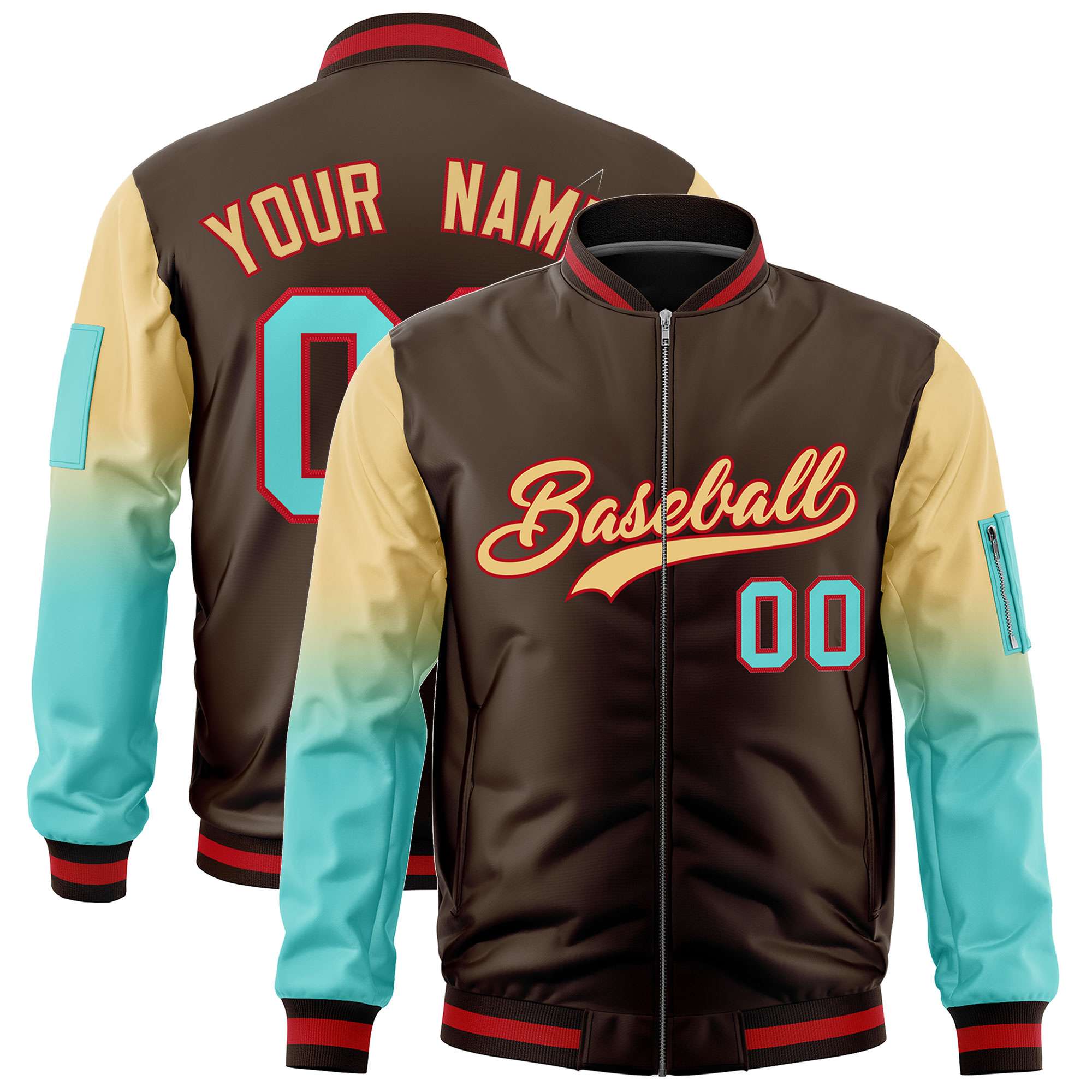 Custom Brown Khaki-Bright Green Gaglan Sleeve Gradient Varsity Full-Zip Letterman Bomber Jacket