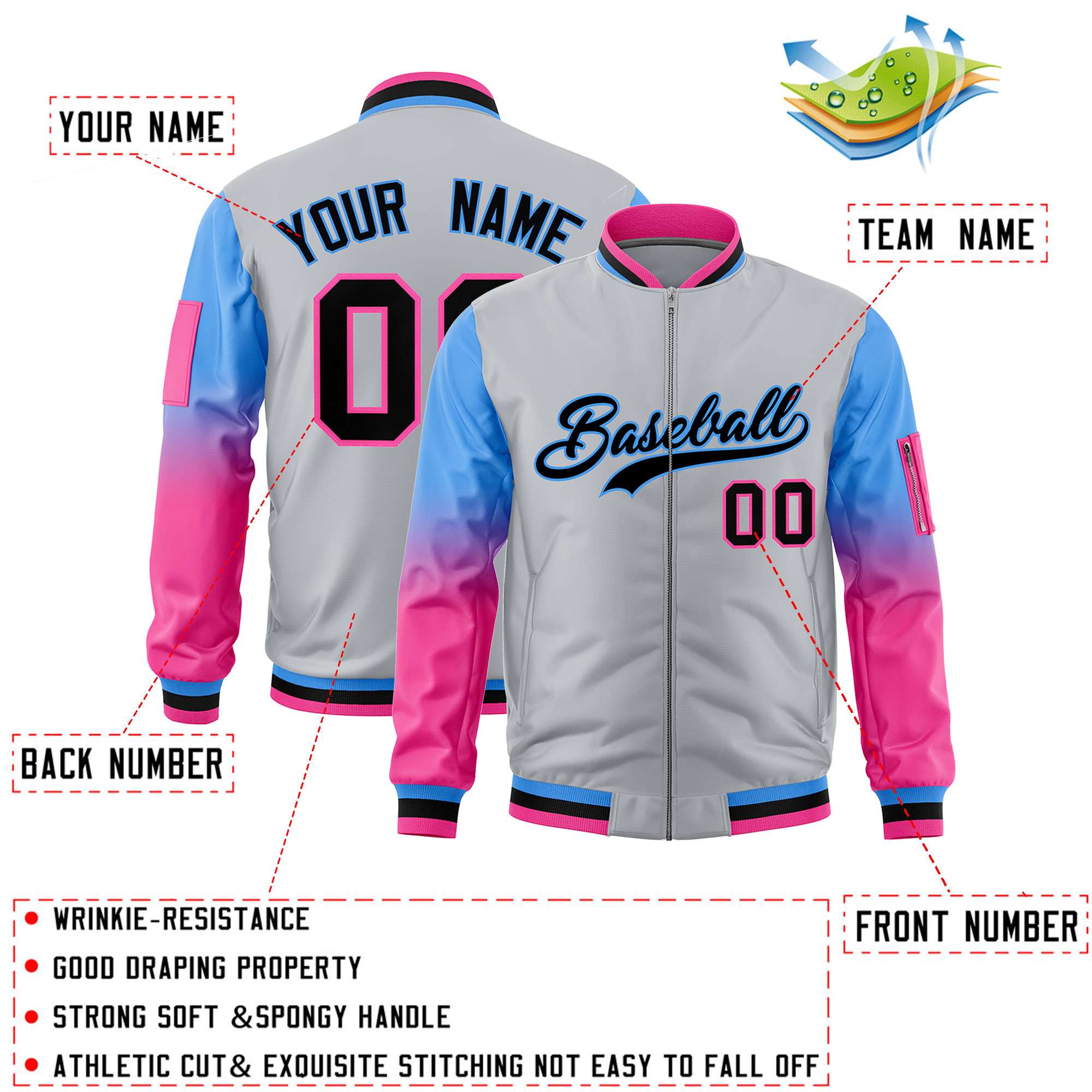 Custom Silver Powder Blue-Pink Gaglan Sleeve Gradient Varsity Full-Zip Letterman Bomber Jacket