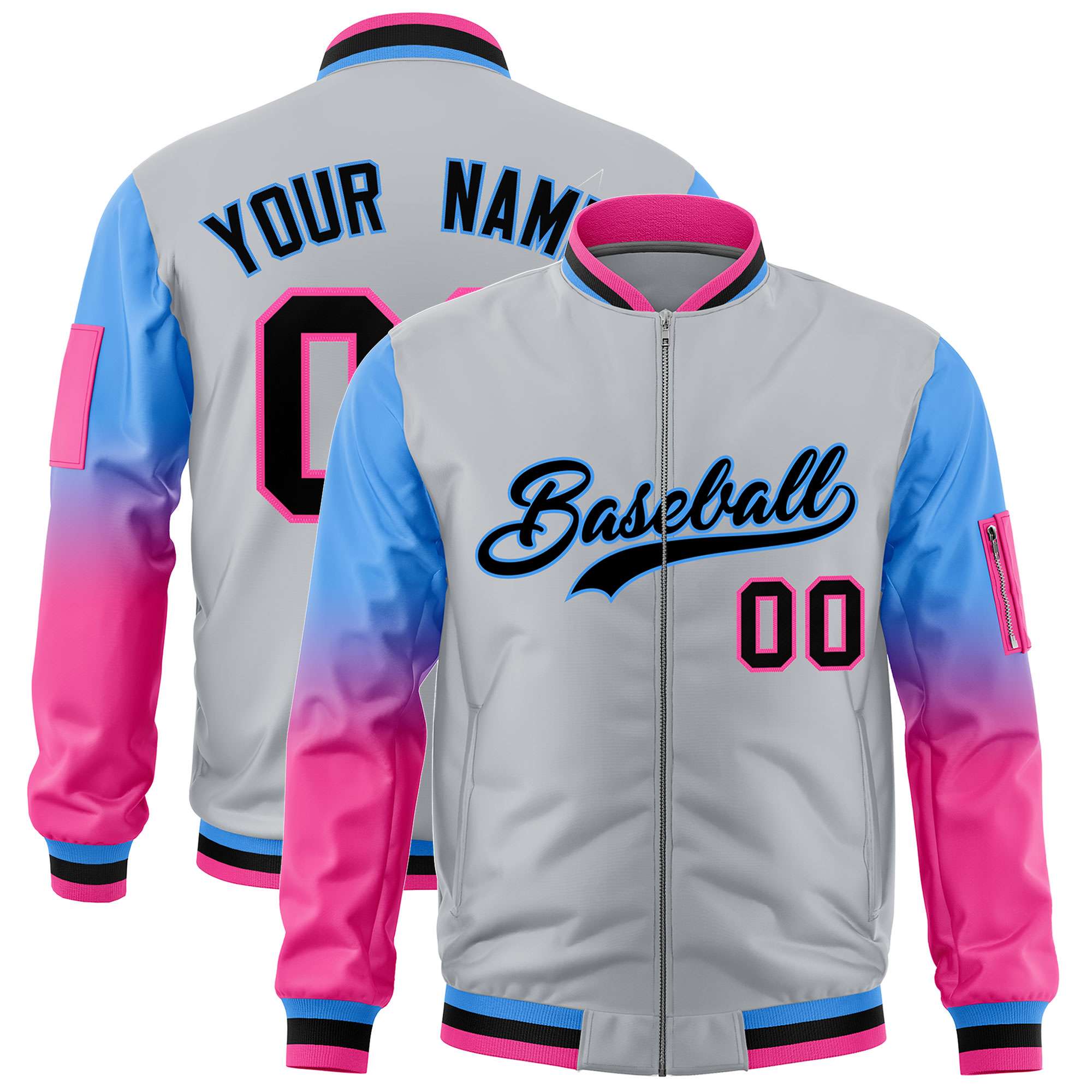 Custom Silver Powder Blue-Pink Gaglan Sleeve Gradient Varsity Full-Zip Letterman Bomber Jacket