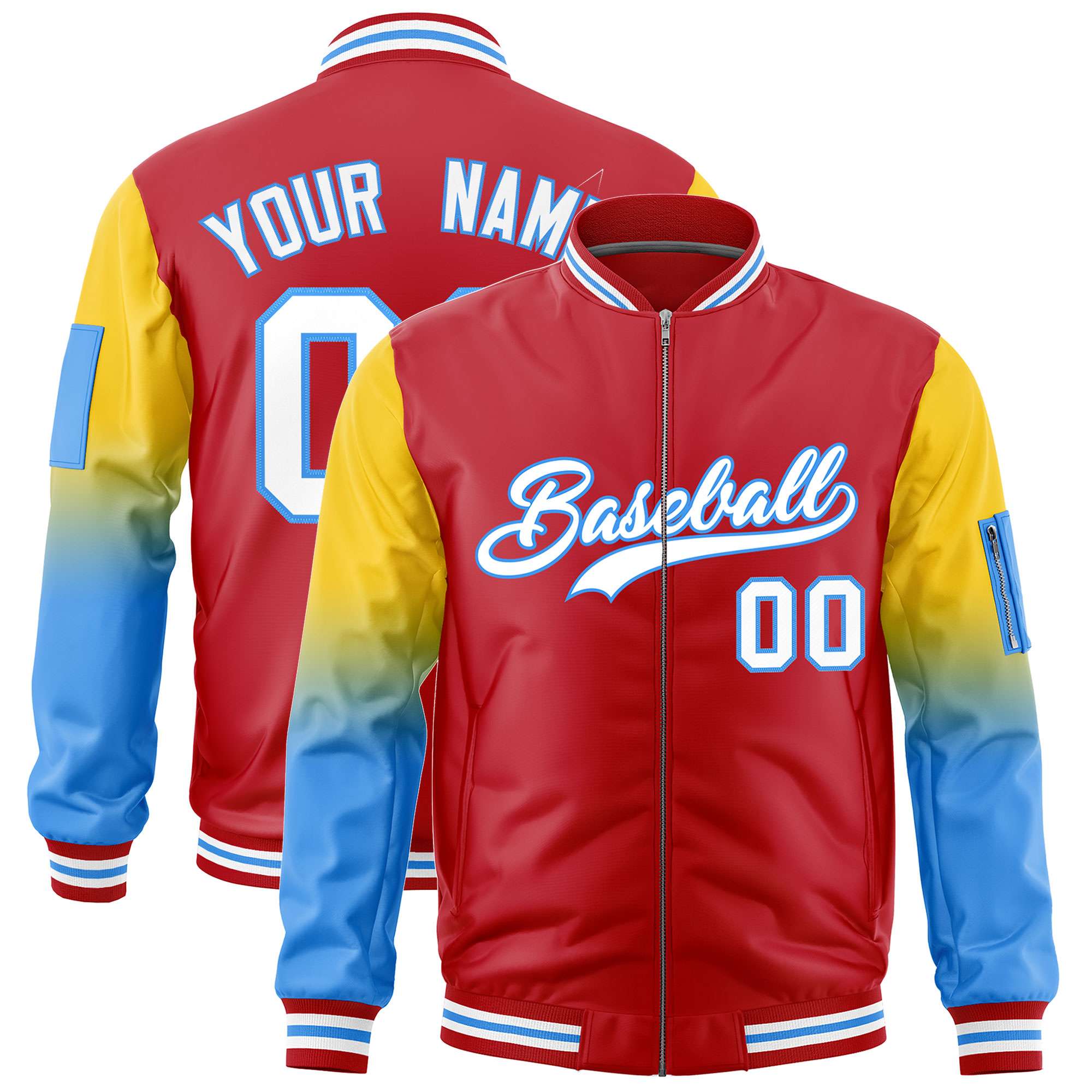 Custom Red Gold-Powder Blue Gaglan Sleeve Gradient Varsity Full-Zip Letterman Bomber Jacket