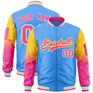 Custom Powder Blue Gold-Pink Gaglan Sleeve Gradient Varsity Full-Zip Letterman Bomber Jacket