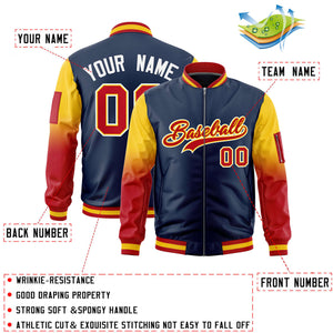 Custom Navy Gold-Red Gaglan Sleeve Gradient Varsity Full-Zip Letterman Bomber Jacket