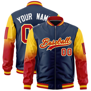 Custom Navy Gold-Red Gaglan Sleeve Gradient Varsity Full-Zip Letterman Bomber Jacket